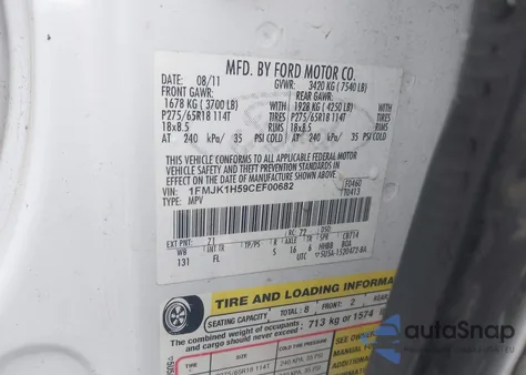 2012 Ford Expedition El Xlt из США, поврежденный, VIN 1FMJK1H59CEF00682